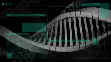 Bilimsel veri animasyonunda ikili kodlama ile DNA ipliği işleme. Genetik, biyoenformatik, veri bilimi, biyoteknoloji, moleküler, yenilik