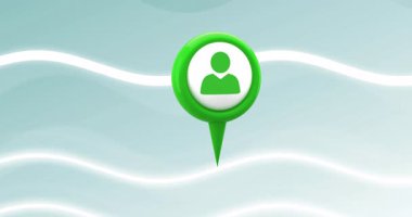 Dalgalı beyaz çizgilerin üzerinde insan simgesi olan yeşil lokasyon rozeti animasyonu. Navigasyon, GPS, harita, dijital, seyahat, coğrafi