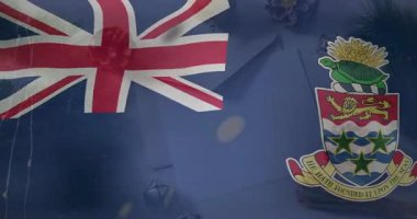 Dijital veri işleme animasyon örtüsüyle dalgalanan Cayman Adaları bayrağı. Teknoloji, finans, engelleme zinciri, Karayipler, analitik, ağ