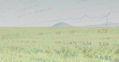 Rüzgâr türbinleri, olay yerini kaplayan finansal veri ve grafiklerin animasyonuyla birlikte sahada. Yenilenebilir enerji, sürdürülebilirlik, finans, yatırım, teknoloji