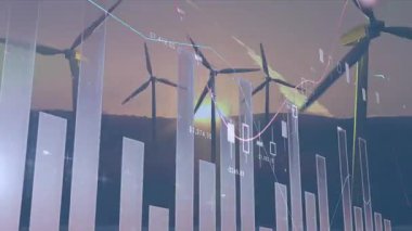 Sahnede finans grafikleriyle dönen rüzgar türbinlerinin animasyonu. Yenilenebilir enerji, sürdürülebilirlik, teknoloji, yatırım, büyüme