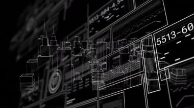 Geometrik yapıları ve animasyon tasarımında dijital verileri olan tek renkli şehir manzarası. Gelecekçi, soyut, kentsel, mimari, ufuk çizgisi, siber