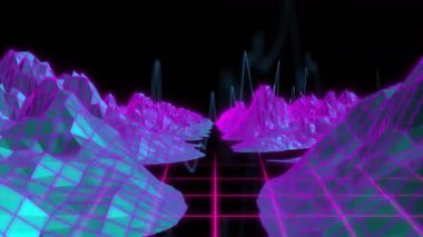 Canlı pembe ve mavi telli dağların neon ızgara manzaralı animasyonu. Fütürist, retro, dijital, siber punk, synthwave, parlayan