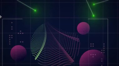 Koyu arkaplanda soyut geometrik şekillerle parlayan yeşil noktaların animasyonu. dijital, fütüristik, teknoloji, model, modern