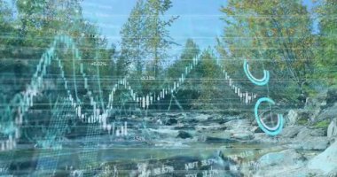 Doğa sahnesindeki huzurlu orman nehir manzarasının finansal veri grafiğini canlandırıyorum. Veri görselleştirme, finans, yatırım, teknoloji, analitik, sürdürülebilirlik