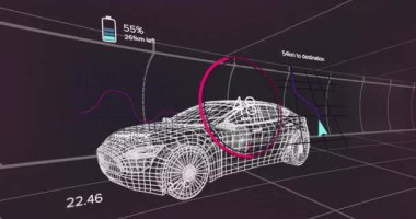 Animasyon, arabirimde batarya durumu ve mesafe verisi olan kablo çerçeveli bir araba gösteriyor. Teknoloji, yenilik, elektrikli araç, dijital, otomotiv, yazılım