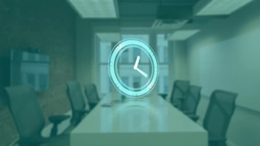 Modern sandalyeli ve masalı boş konferans odasında dijital saat animasyonu. Ofis, toplantı, şirket, mobilya, iş, içişleri