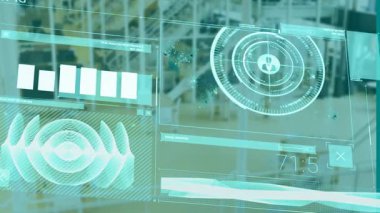 Dijital arayüz ekranında veri analizlerini ve ağ bağlantılarını gösteren animasyon. Teknoloji, veri görselleştirme, siber, bilgi, fütüristik