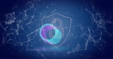 Dijital kilit ve kalkan animasyonu ağ bağlantıları üzerinden siber güvenliği temsil ediyor. Koruma, şifreleme, güvenlik, internet, teknoloji, veri