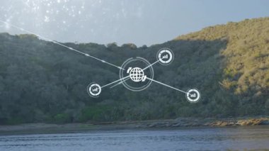 Manzaralı manzara görüntüsü üzerinden veri ve ağ bağlantıları işleniyor. Teknoloji, dijital, ağ, bağlantı, fütüristik, iletişim