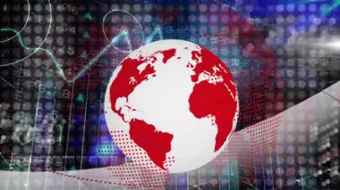 Dijital veriler ve finansal grafik animasyonları üzerinde kırmızı kıtaları olan bir dünya. Küresel, finans, analitik, teknoloji, ekonomi, ağ