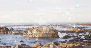 Okyanus manzarası üzerinde dijital veri işleme animasyonuyla Rocky kıyı şeridi. Doğa, sahil şeridi, teknoloji, fütürist, yenilik