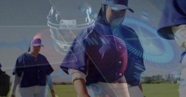 Beyzbol oyuncuları fütüristik veri işleme animasyon örtüsüyle sahada. Spor, sporcular, rekabet, dijital, teknoloji, yenilik