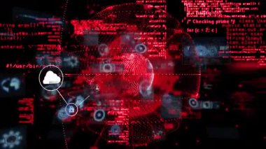 Kırmızı ve siyah arkaplanda dijital ağ ve siber güvenlik simgelerinin animasyonu. Teknoloji, bağlantı, veri, internet, koruma, sanal