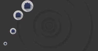 Mavi zarf simgelerinin animasyonu koyu eşmerkezli çemberler üzerinde dönüyor. İletişim, dijital, teknoloji, e-posta, geometrik, soyut