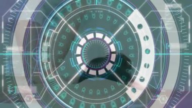 Animasyondaki parlak mavi elementler okulda gelecekteki dijital arayüzle birlikte. teknoloji, yenilik, ilerleme, tasarım