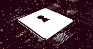 Dijital verilerin üzerinde anahtar deliği olan gümüş asma kilit ve parlayan parçacıklar animasyonu. Siber güvenlik, şifreleme, veri koruması, gizlilik, teknoloji, güvenlik