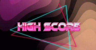 Neon üçgenli animasyon ve soyut dalgalı arkaplanda yüksek skorlu metin. canlı, siber uzay, fütürist, dijital, renkli, dinamik