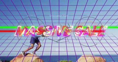 Kayaların arasında zıplayan, Massive Sale metin ve şebeke örtüsü animasyonu olan bir adam. Promosyon, reklam, pazarlama, indirim, dijital, ticaret