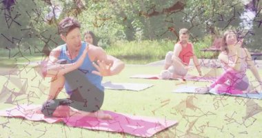 Çimenler üzerinde yoga yapan insanlar ağ bağlantıları ile animasyon örtüşüyor. Meditasyon, rahatlama, refah, dijital, teknoloji, egzersiz