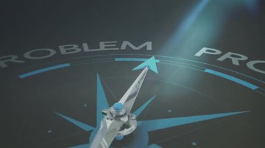 Pusula iğnesi Problemin Çözümünü gösteriyor. Karanlık arka planda animasyonda. Yön, yön bulma, rehberlik, strateji, karar verme, ilerleme