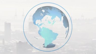 Küresel animasyon atmosferik etkilerle sisli şehir silueti üzerinde dönüyor. Dünya, küre, şehir, şehir, atmosfer, küresel