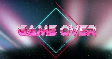 Yıldızlı arka planda neon oyun üzerinden yazılmış parlak elmas şekilli animasyon. Retro, dijital sanat, fütüristik, oyun, atari salonu, gece gökyüzü