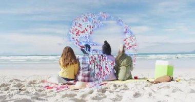 Sahilde dört kişi oturuyor, okyanusa bakıyor, renkli animasyonlar yapıyorlar. Rahatlama, tatil, tatil, yaz, kıyı şeridi.