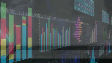 Çubuk grafiklerde ve okyanus animasyonlu çizelgelerde finansal veriler gösteriliyor. Finans, analitik, istatistik, görselleştirme, sunum, deniz