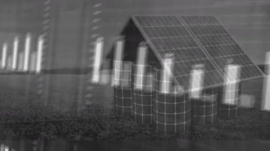 Veri grafikleri ve grafikleri, ev enerjisi üreten güneş panelleri. Yenilenebilir, sürdürülebilirlik, çevre dostu, güç, fotovoltaik, yeşil teknoloji