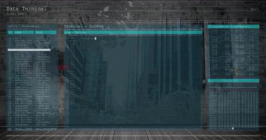 Dijital kod ve veri işleme animasyonu endüstriyel kentsel arka plan üzerinde. Teknoloji, siber, fütüristik, ağ, altyapı, yenilik