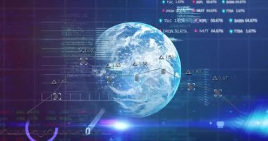 Finansal veriler ve grafikler dijital ağ arkaplanını Dünya animasyonuyla örtüyor. Finans, teknoloji, analitik, küresel, ekonomi, yatırım