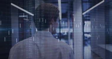 Finansal veriler analiz ediliyor, borsa çizelgeleri olan bir işadamı ofis animasyonunda. Maliye, analitik, yatırım, ekonomi, istatistik, strateji