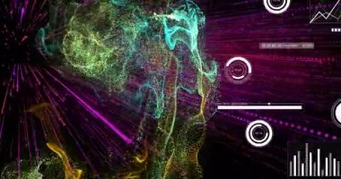 Okul ortamında renkli tablolar ve grafiklerle dijital verilerin animasyonu. analitik, eğitim, teknoloji, istatistik, öğrenme, görselleştirme