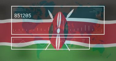 Dünya haritası üzerinde veri işleme animasyonuna sahip Kenya bayrağı. Teknoloji, dijital, analitik, küresel, siber, iletişim