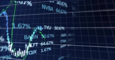 Grafikler ve animasyonlarla finansal veriler ve borsa eğilimleri gösteriliyor. Finans, yatırım, analiz, grafik, iş