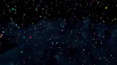 Karanlık geometrik şekiller ve desenler üzerine düşen renkli konfetilerin animasyonu. Kutlama, canlı, şenlikli, soyut, dinamik, hareketli