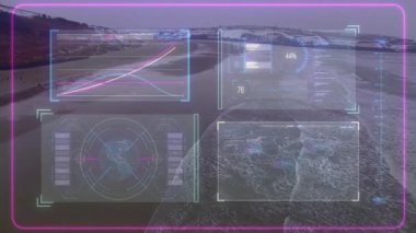 Karlı dağ manzarası üzerinde fütürist veri arayüzünün animasyonu gösteriliyor. teknoloji, yenilik, dijital, kış, sanal, analitik