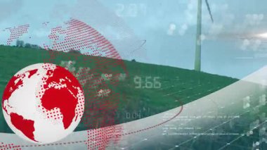 Yeşil arazide rüzgar türbini üzerinde dijital veri bulunan kırmızı kürenin animasyonu. Yenilenebilir, sürdürülebilirlik, teknoloji, çevre, enerji, temiz