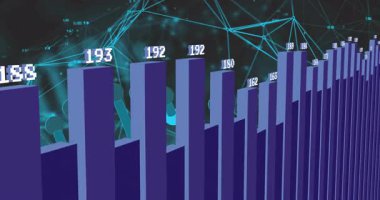 Canlandırmada, çubuk grafik verilerini gösteren parlayan düğümlerle dijital ağ bağlantıları. Teknoloji, veri görselleştirme, fütürist, iletişim, analitik