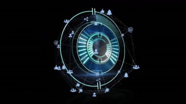 Fütürist arayüzde ağ simgeleriyle parlayan dairesel elementlerin animasyonu. teknoloji, ağ oluşturma, dijital, siber, tasarım