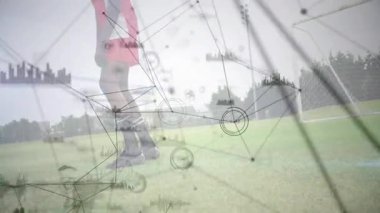 Futbol oynamak, veri ağı animasyonu ile stadyumda spor yapmak. Spor, teknoloji, dijital, bağlantı, rekabet, takım çalışması