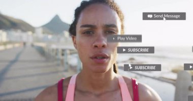 Okyanus kenarında koşan bir kadın sosyal medya bildirimleriyle animasyonu örtüyor. Fitness, running, technology, digital, exercise, active