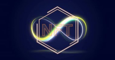 Altıgen içinde parlayan neon döngüler koyu arkaplan animasyonunda NFT metni oluşturur. Siber, gelecekçi, dijital, engelleme zinciri, teknoloji, yenilik