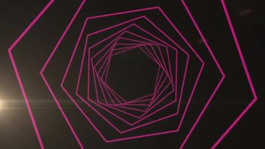Pembe geometrik tünel deseninde parlayan parlak ışığın animasyonu. Soyut, dijital, geleceksel, teknoloji, neon, canlı