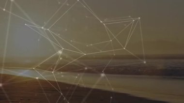 Huzurlu sahil manzarası üzerinde bağlantılar ve veri işleme animasyonu ağı. Teknoloji, yenilik, dijital, bağlantı, iletişim, ağ