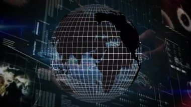 Finansal verileri ve grafikleri animasyonla kaplayan ızgara çizgileri olan dijital bir dünya. Finans, teknoloji, analitik, küreselleşme, yenilik, ekonomi