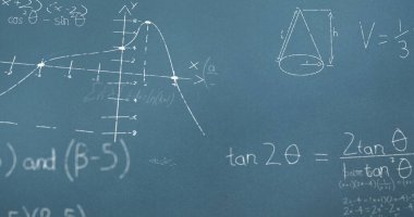 Image of mathematical equations over blue background. global education, connections, data processing and technology concept digitally generated image.