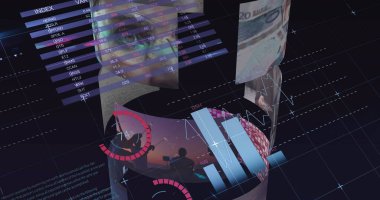 Image of statistics and data processing over screens. global connections, digital interface and data processing concept digitally generated image.