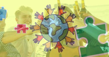 Renkli yapboz parçaları ve yazlık plaj partisinde mutlu arkadaşlara el uzatan bir küre. otizm, öğrenme güçlüğü, destek ve farkındalık kavramı dijital olarak oluşturulmuş görüntü.